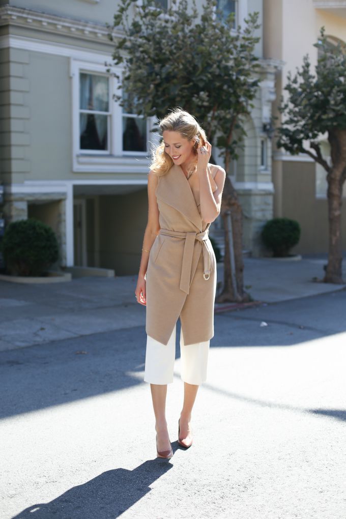 camel wrap sleeveless trench