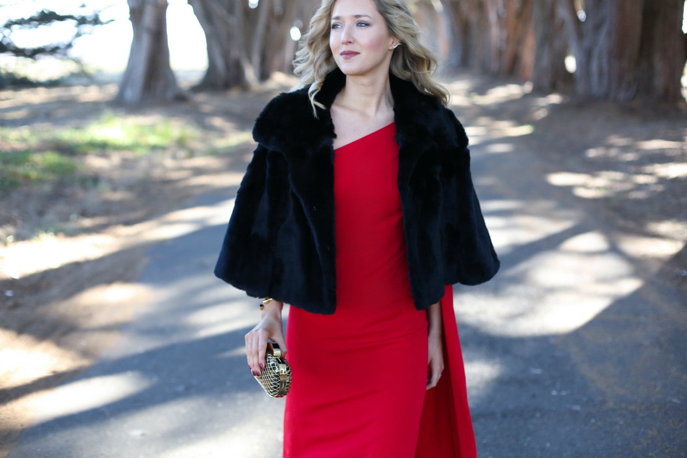 fur cape and red gown