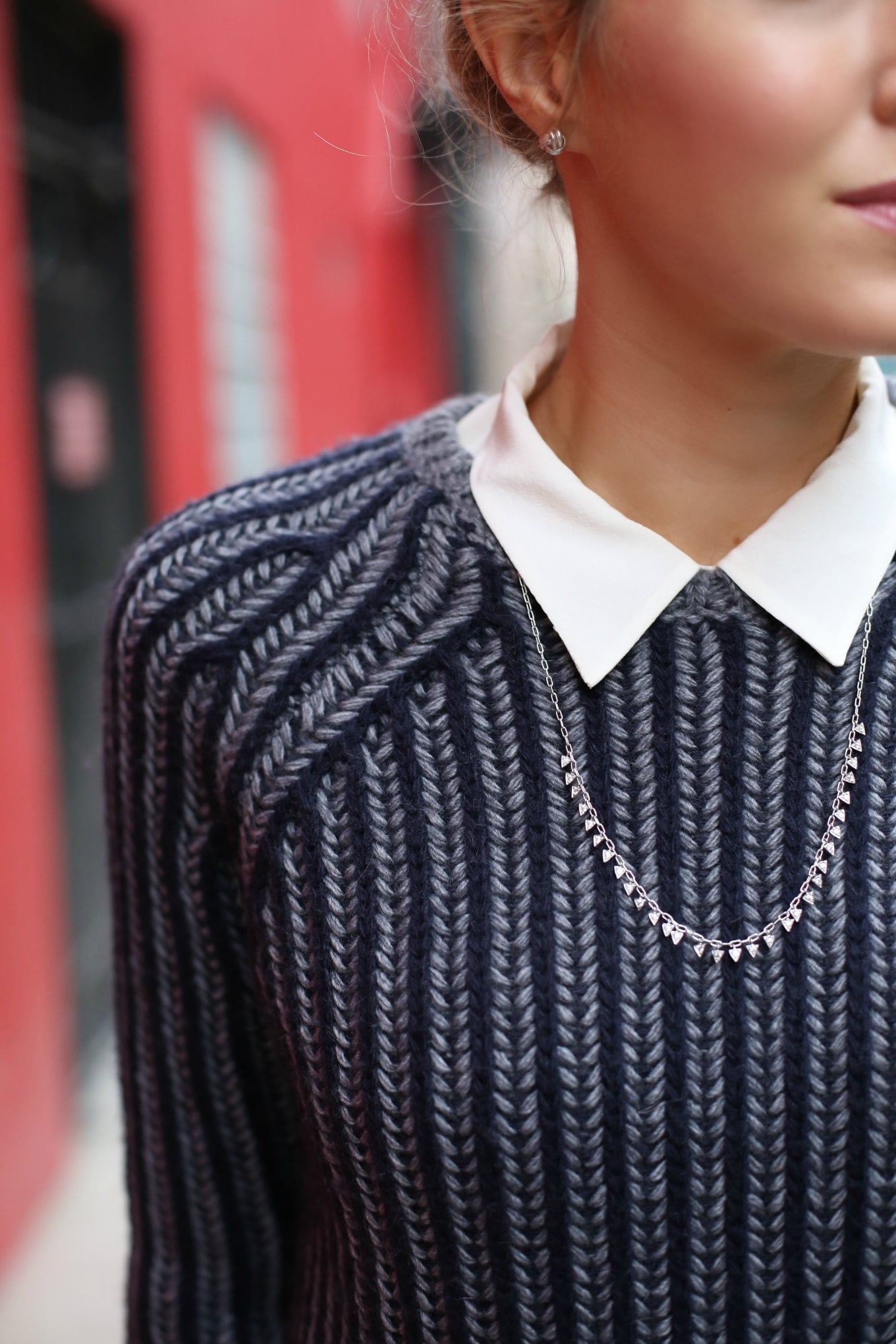f tommy hilfiger grey navy striped varsity crewneck sweater silk collared blouse layered flare leg dress pants work wear fashion blog memorandum mary orton san francisco