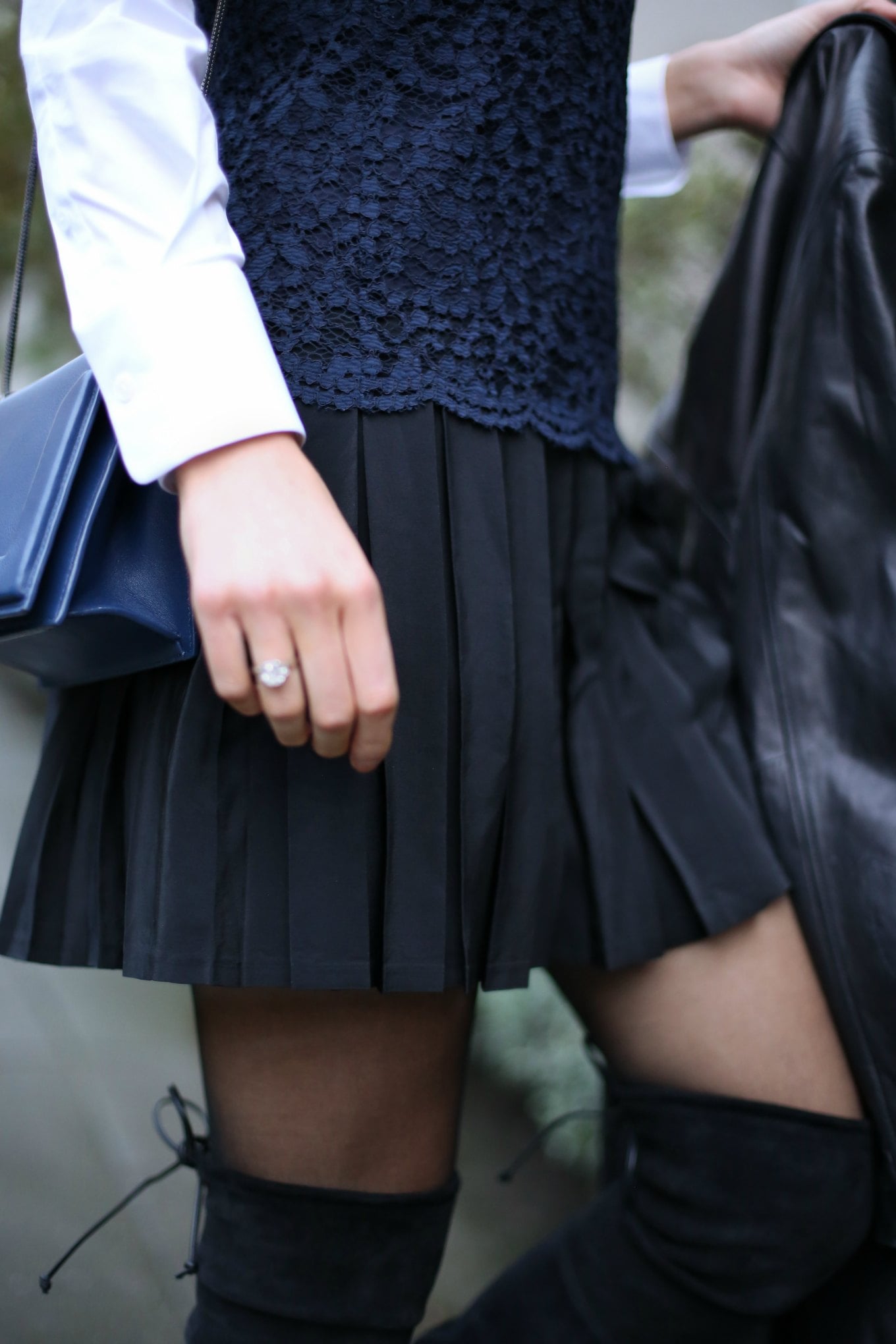 navy-black-rebecca-taylor-lace-pleated-skirt-mixed-media-dress-theory-white-collared-shirt-stuart-weitzman-lowland-over-the-knee-boots-style-fashion-blog-san-francisco7