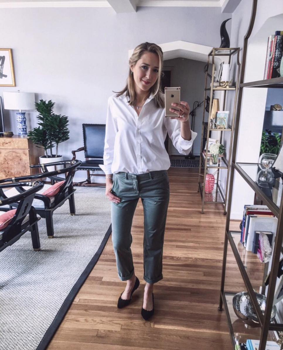 army-green-pants-white-button-down-black-scalloped-ballet-flats-mary-orton-instagram