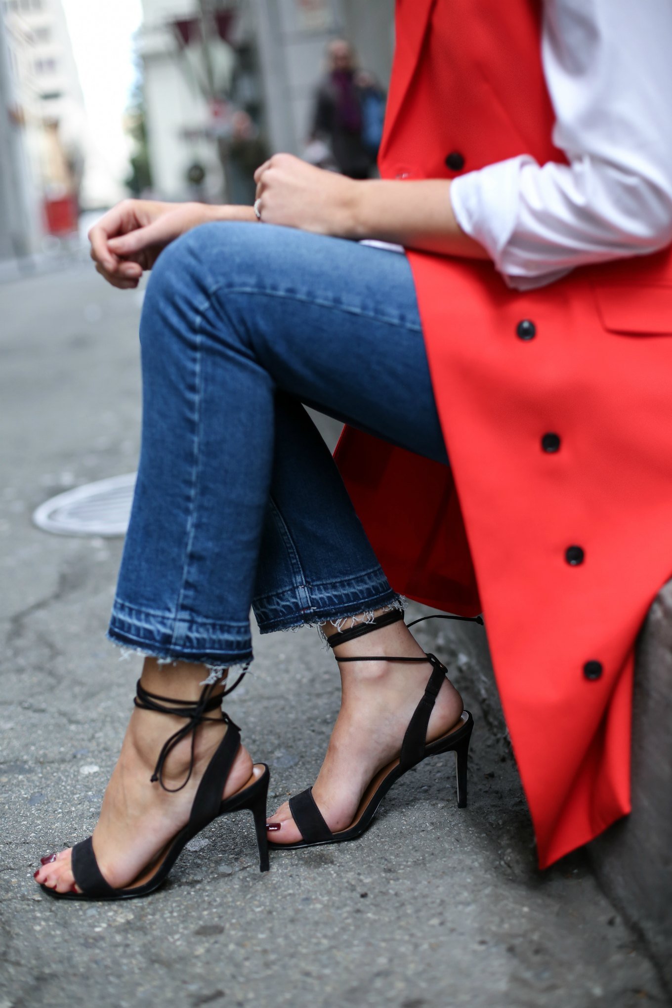 fray hem jeans ankle tie heels