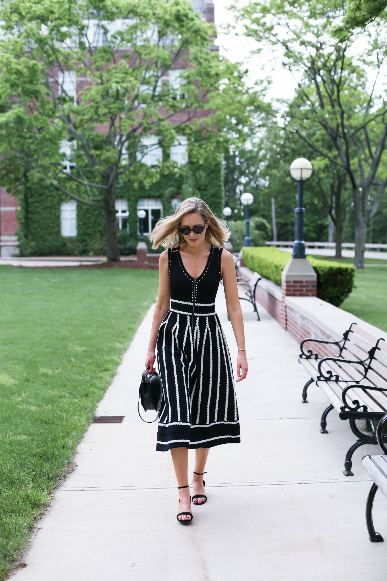 black and white knit midi dress ankle strap sandals