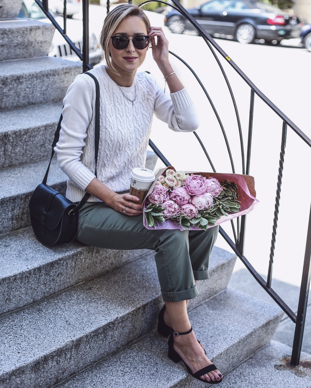 fashion-blogger-mary-orton-flowers-army-green-pants-white-cable-knit-sweater