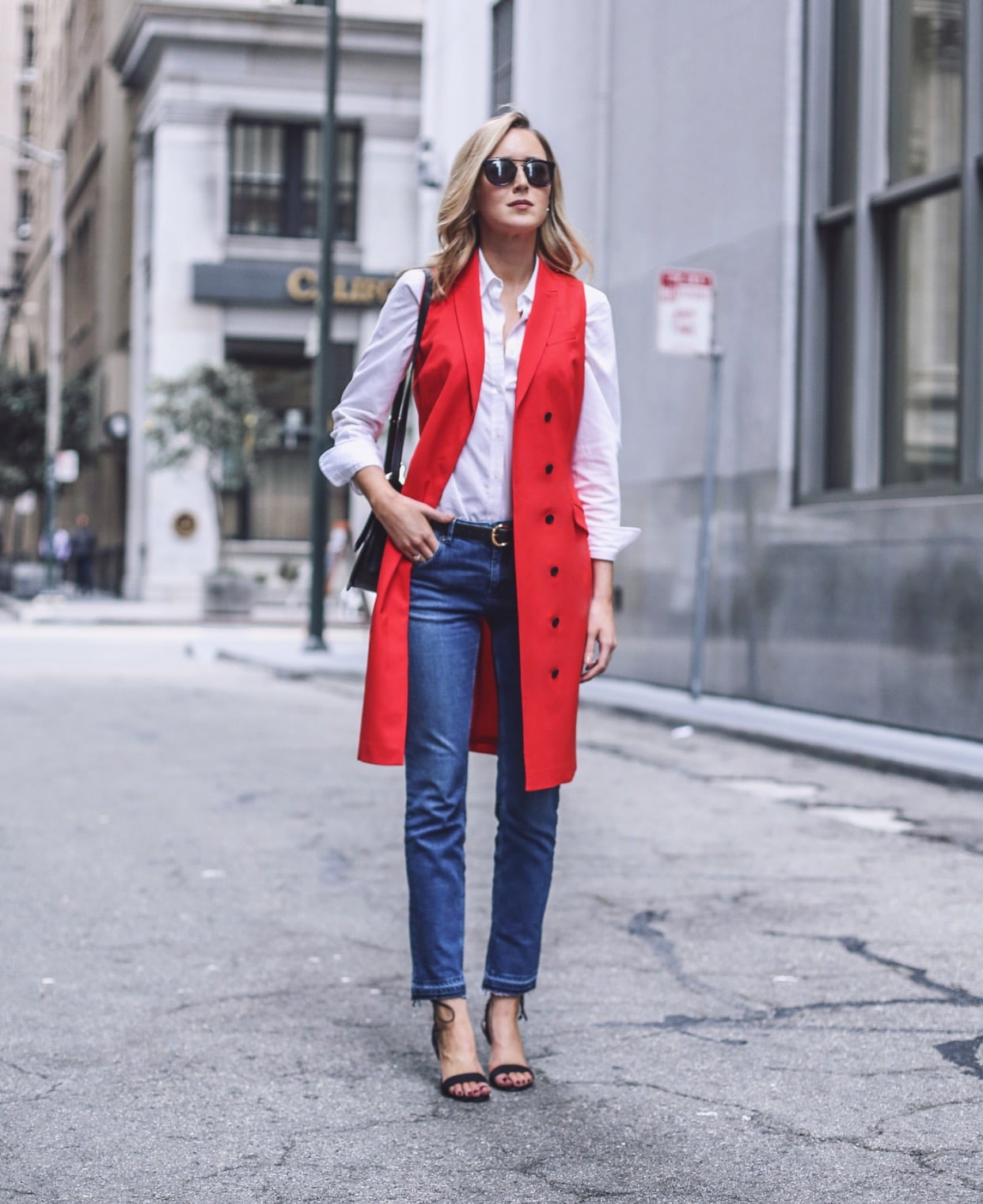red-trench-dress-open-with-white-button-down-high-waisted-jeans-tie-up-heeled-sandals-mary-orton-instagram