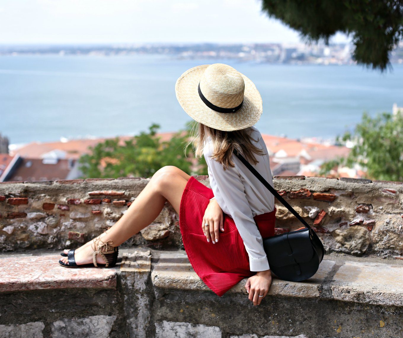 Red Flare Skirt and Lace Up Blouse in Lisbon