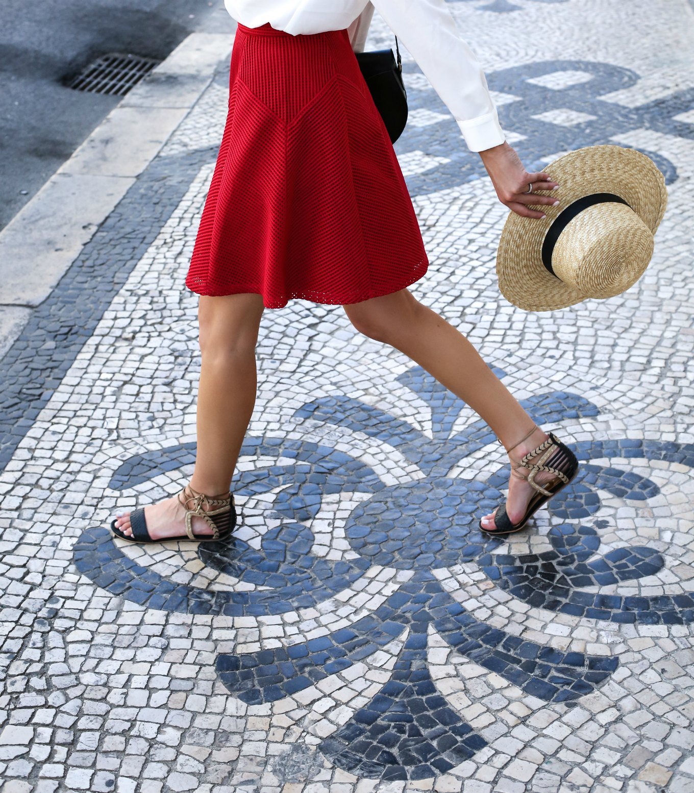 red flare boater hat lace up flat sandals