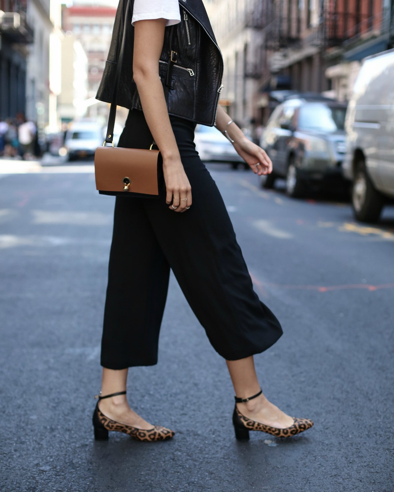 black culottes leopard block heels