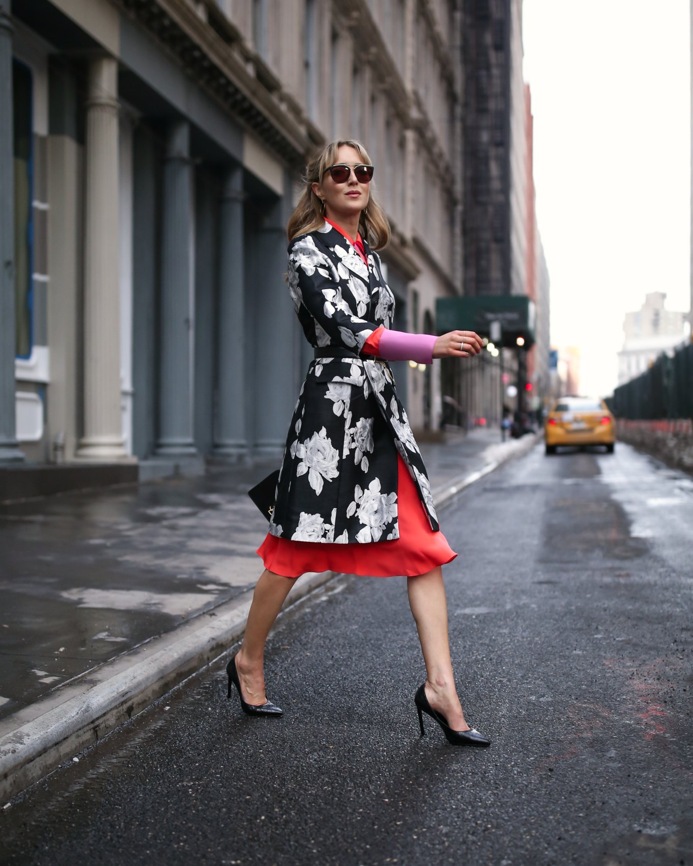 coral-pink-roksanda-silk-collared-midi-dress-jacquard-black-white-floral-coat-belted-nyfw-fashion-week-street-style-blogger8