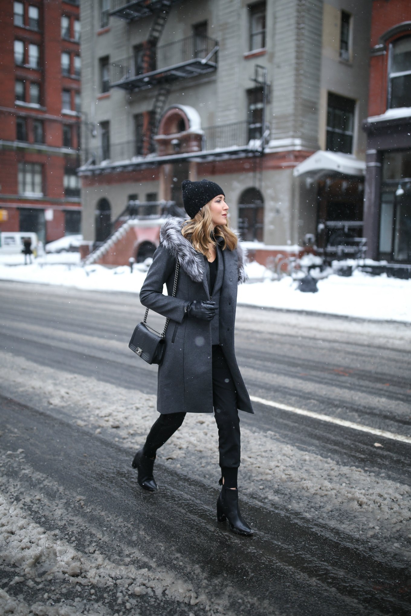 mackage-grey-wool-fur-hood-coat-choker-neck-sweater-track-pants-beanie-nyc-street-style-fashion-week-snow-mary-orton4