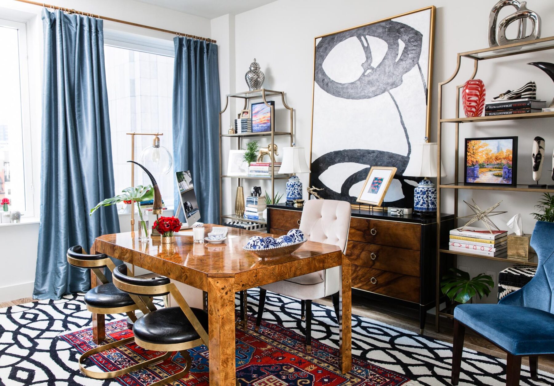 home-office-decor-interior-design -chic-fashion-co-founder-start-up-nyc-tribeca-mid-century-modern-glam-black-white-burlwood-silk-curtains-gold-etageres-3  - MEMORANDUM | NYC Fashion \u0026 Lifestyle Blog for the Working Girl, image size:1800x1257