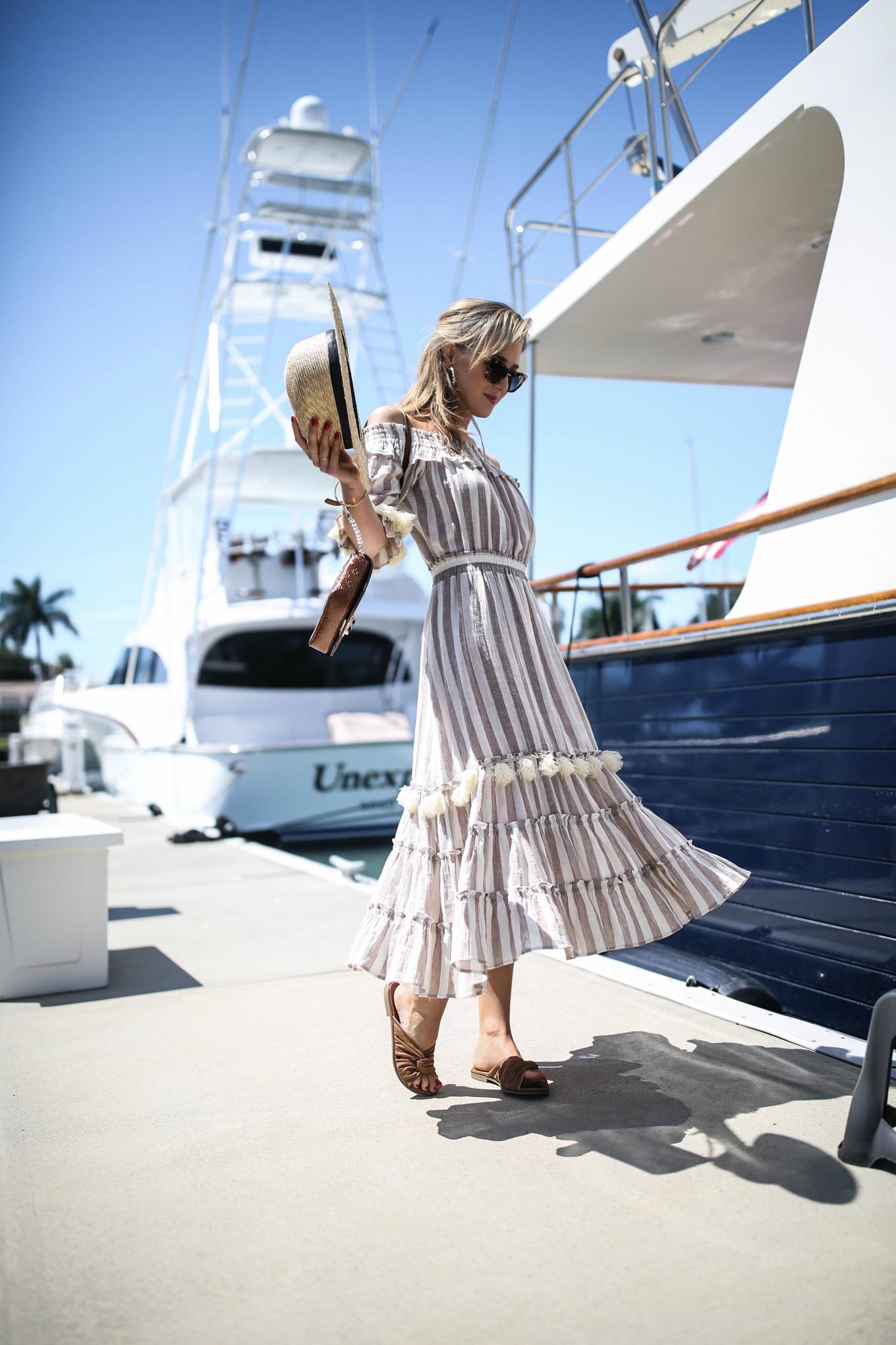 naples-florida-classic-style-fashion-blogger-misa-striped-gauze-pom-pom-midi-dress-boater-hat-brown-slide-sandals-tortoise-cat-eye-sunglasses