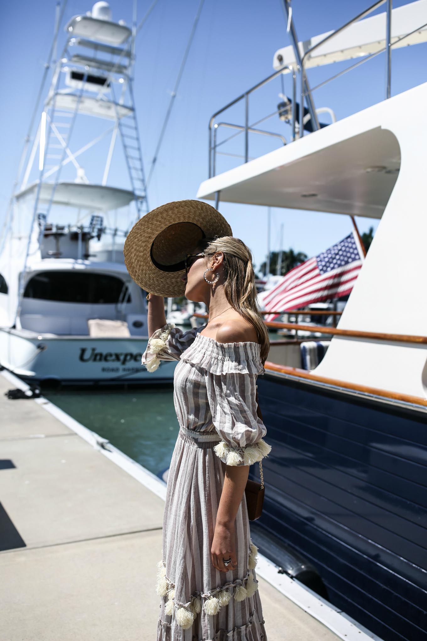 naples-florida-classic-style-fashion-blogger-misa-striped-gauze-pom-pom-midi-dress-boater-hat