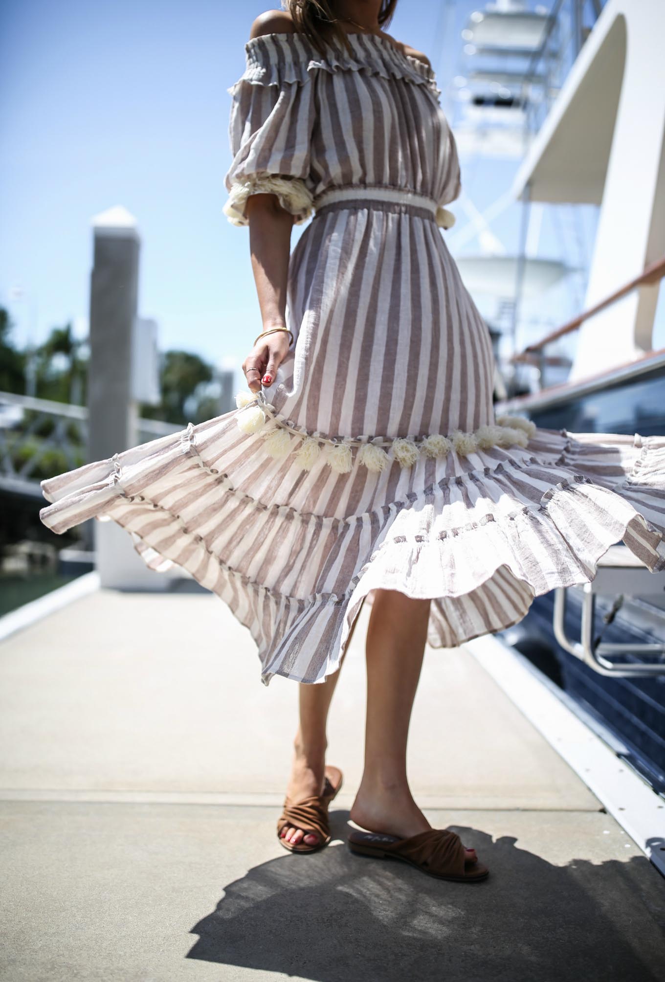 naples-florida-classic-style-fashion-blogger-misa-striped-gauze-pom-pom-midi-dress-brown-knot-slide-sandals