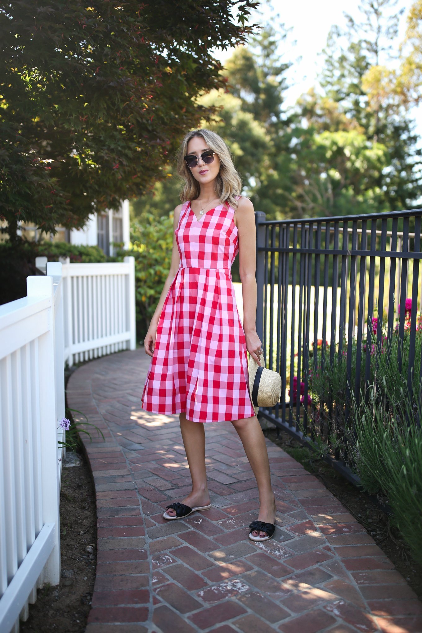 red pink plaid check draper james open back fit flare dress summer fashion trends style backyard barbecue1