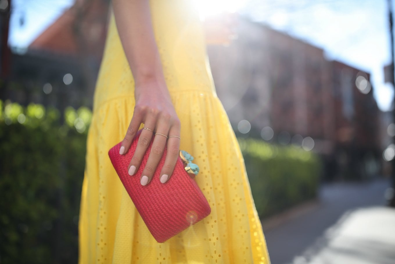 top-spring-fashion-trends-yellow-eyelet-j-crew-midi-dress-silver-metallic-heeled-sandals-red-clutch-tassel-earrings13