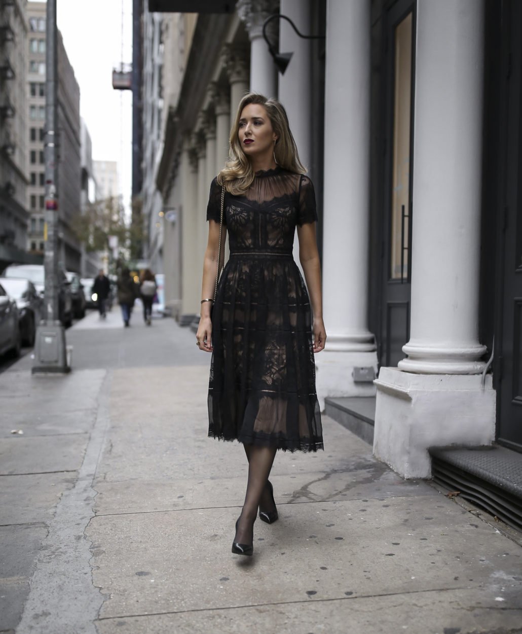 tadashi-shoji-black-lace-fit-flare-aline-short-sleeve-midi-dress-cocktail-attire-wedding-classic-style-fashion-blog9