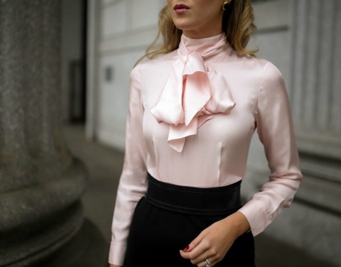 Mary Orton of Memorandum wears a pink and black two-toned Ted Baker tie-neck dress