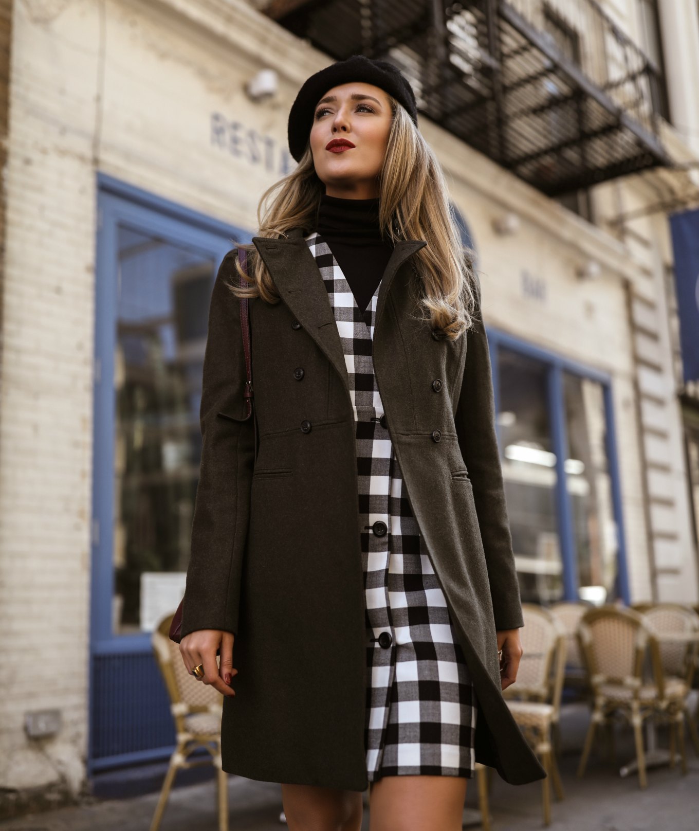 black-white-check-double-breasted-pinafore-dress-turtleneck-layer-beret-knee-boots-classic-style9  - MEMORANDUM | NYC Fashion & Lifestyle Blog for the Working Girl