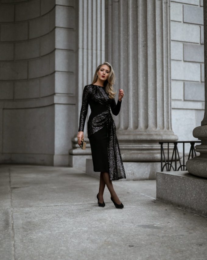 NYC style blogger in black twist sequin dress with small clutch, sheer tights and black pumps