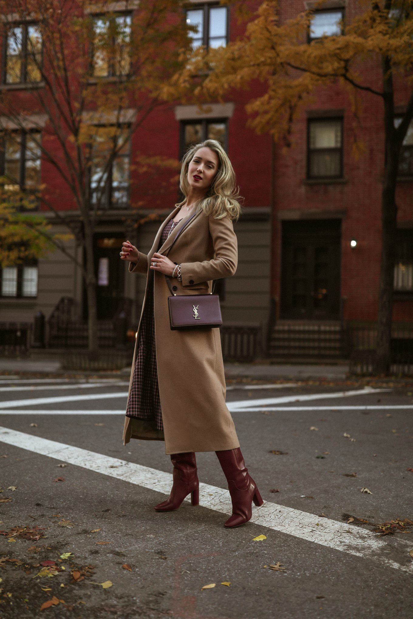 NYC style blogger in long camel coat, tall boots and YSL red bag