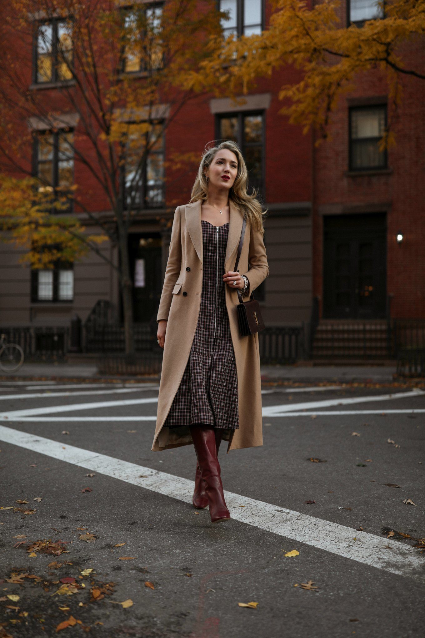 NYC style blogger in plaid midi dress, tall boots and long camel coat in New York sidewalk in fall season