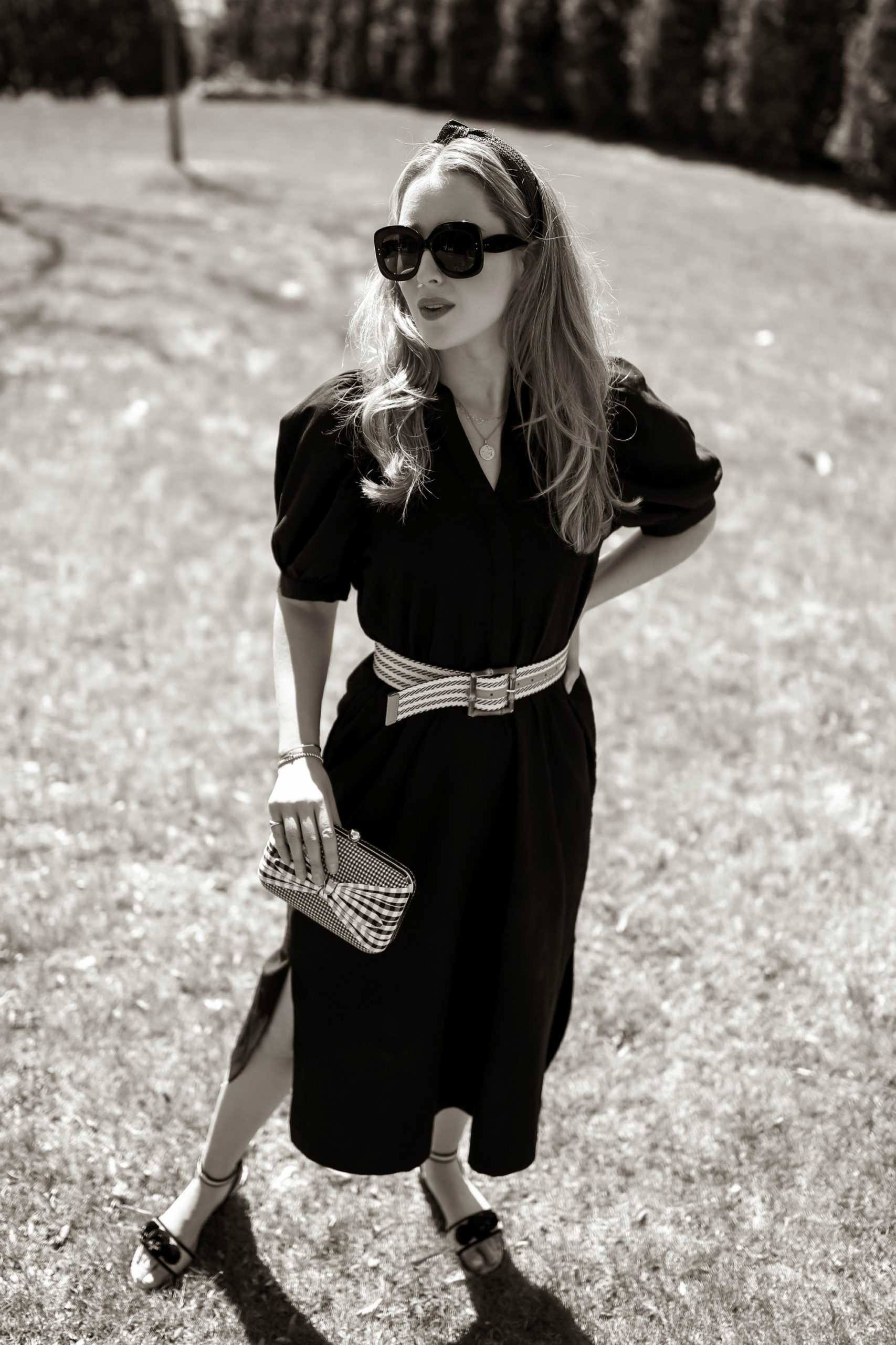 ann-taylor-black-midi-dress-sleeve-straw-belt-gingham-earrings-clutch-pom-sandals3 - MEMORANDUM | NYC Fashion & Lifestyle Blog for the Working Girl ann-taylor-black-midi-dress-sleeve-straw-belt-gingham-earrings-clutch-pom-sandals3 - MEMORANDUM | NYC Fashion & Lifestyle Blog for the Working Girl