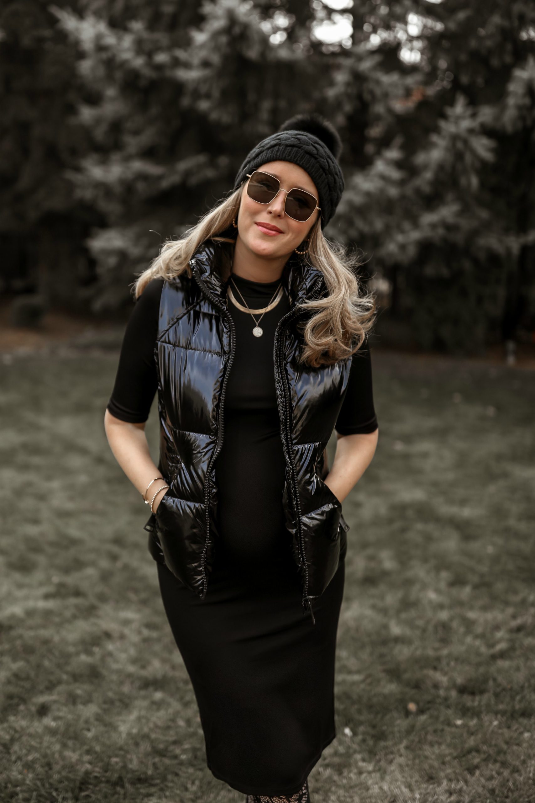 black-shiny-down-vest-stetchy-midi-dress-houndstooth-tights-stuart-weitzman-combat-boots3  - MEMORANDUM | NYC Fashion & Lifestyle Blog for the Working Girl