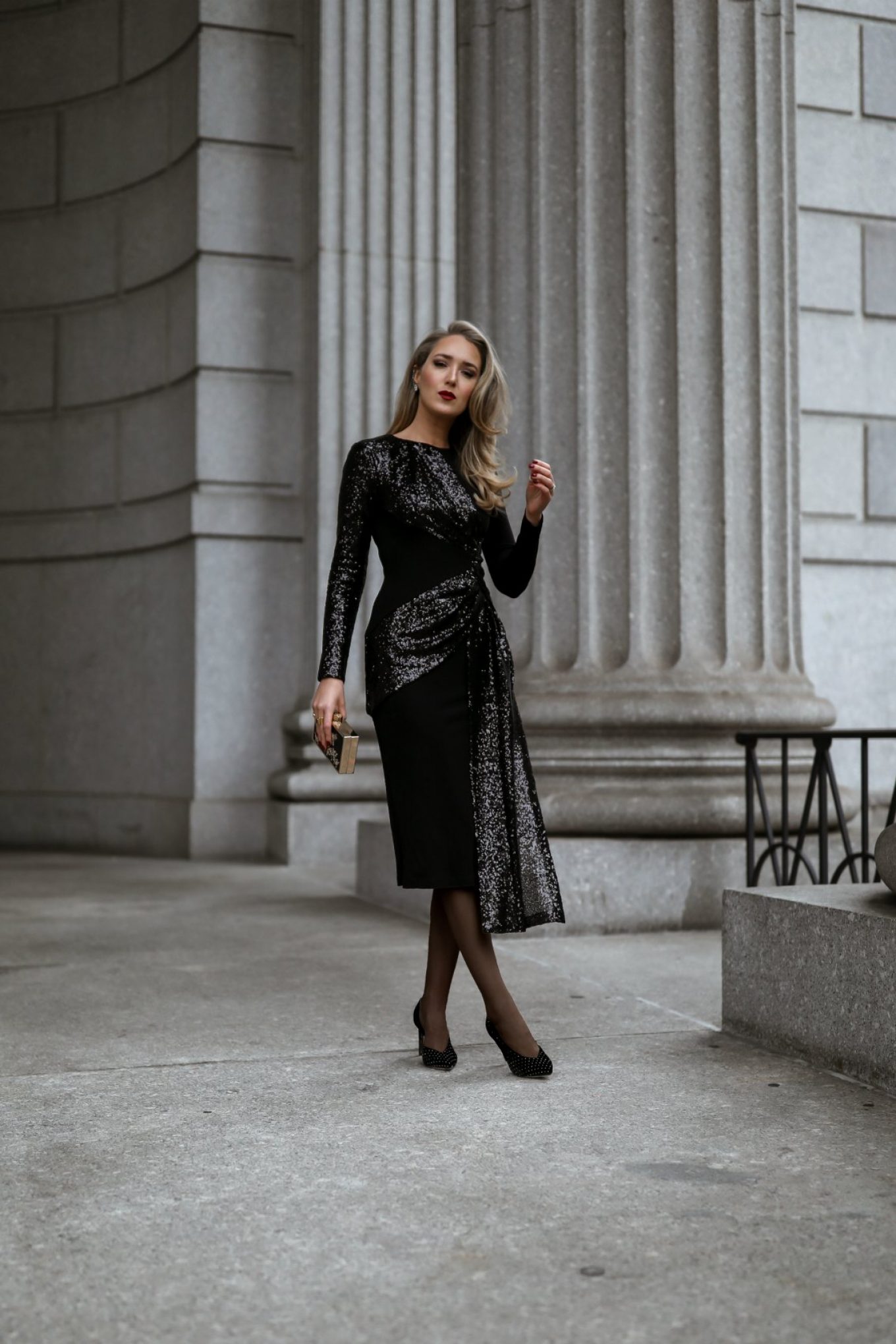 prabal-gurung-black-sequin-shilu-twist-front-long-sleeve-sheath-dress-theater-outfit-classic-style-nyc-jimmy-choo-velvet-pumps1 NYC style blogger in black twist sequin dress with small clutch, sheer tights and black pumps
