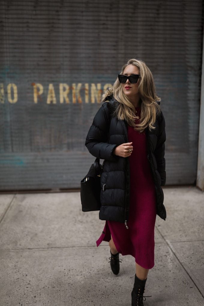 what-wear-holiday-travel-mara-hoffman-raspberry-pink-sweater-dress-comfortable-style1
